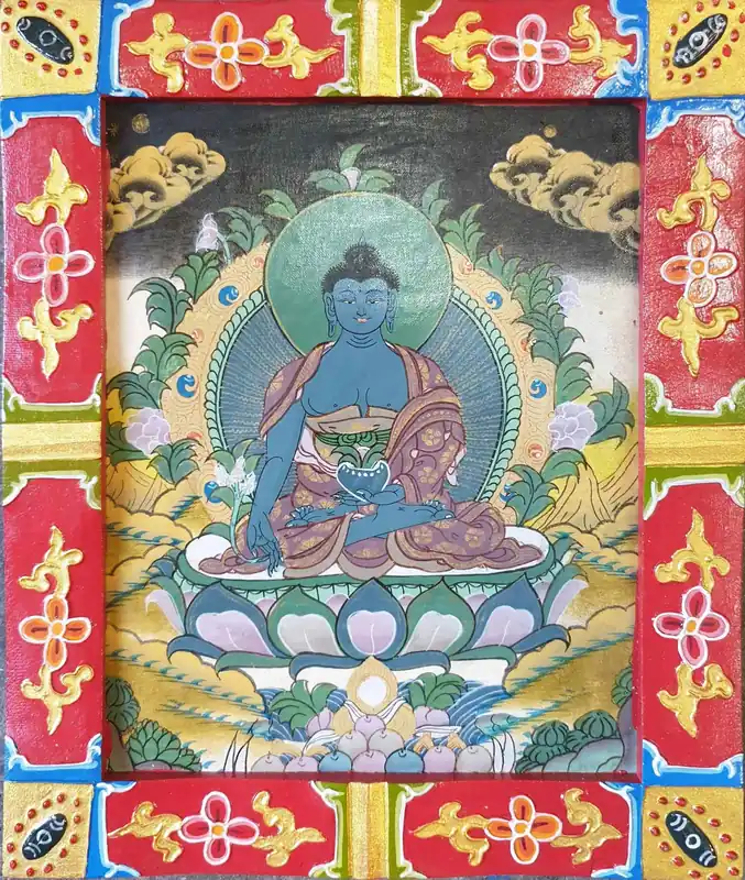Peinture artisanale du Bouddha de la Médecine dans un cadre en bois