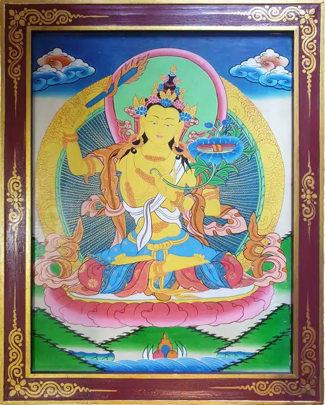 Peinture artisanale de Manjushri dans un cadre en bois