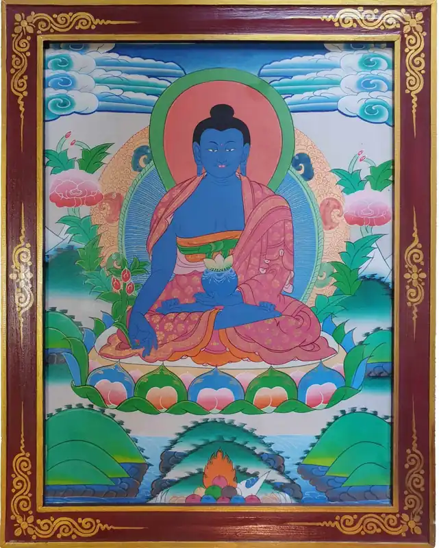 Art traditionnel thangka de Bouddha Vairocana dans un cadre en bois