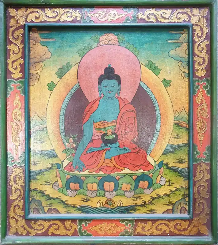 Peinture bouddhiste du Bouddha de la Médecine dans un cadre en bois