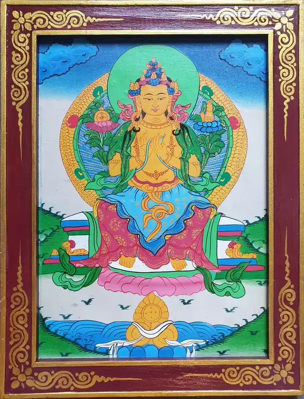Peinture bouddhiste de Maitreya Bouddha dans un cadre en bois