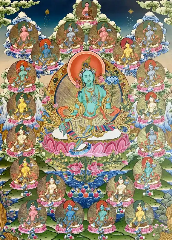 Thangka traditionnelle des 21 Taras d’Atisha