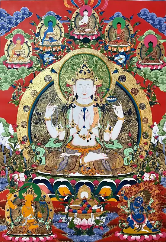 Peinture traditionnelle de Chenrezig avec Vajrapani