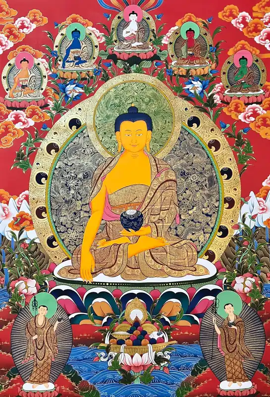 Buddha Shakyamuni avec une peinture d’art représentant deux Bouddhas debout