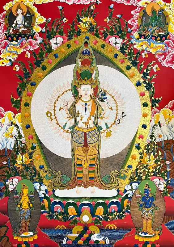 Avalokiteshvara avec Deux Déesses de l’Offrande Thangka