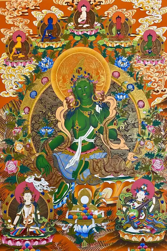 Green Tara with Aparmita Thangka Art