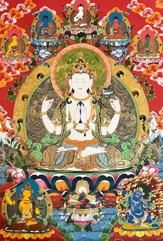 Thangka traditionnel de Chenrezig avec Manjushree