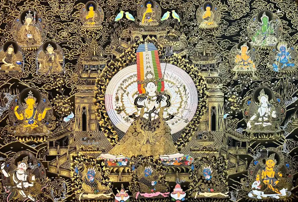 Peinture tibétaine de Sahasrabhuja Avalokiteshvara