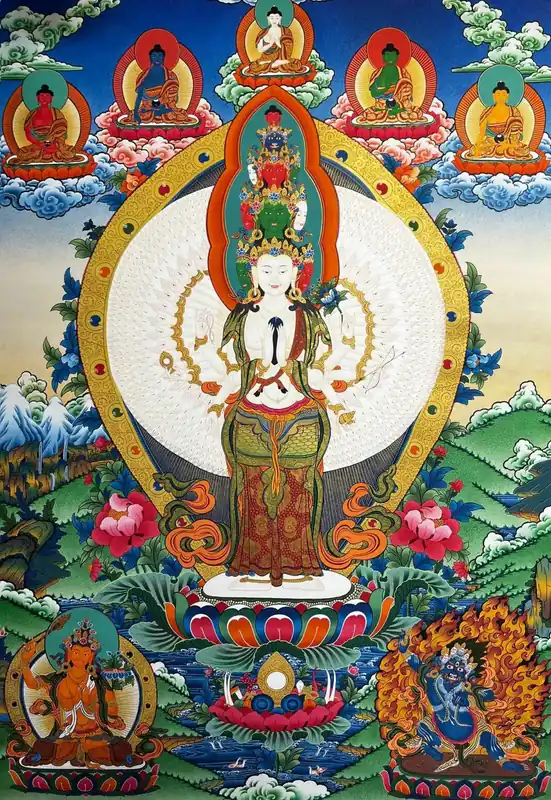 Sahasrabhuja Avalokiteshvara avec Thangka des Pancha Bouddhas