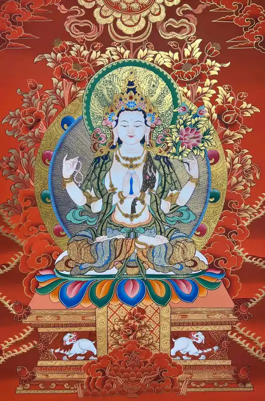 Thangka de Chenrezig avec un fond rouge