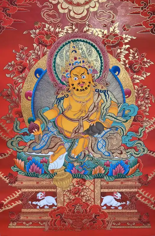 Thangka de Jambhala avec un fond rouge