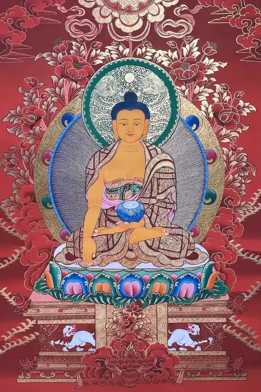 Thangka du Bouddha Shakyamuni avec un fond rouge