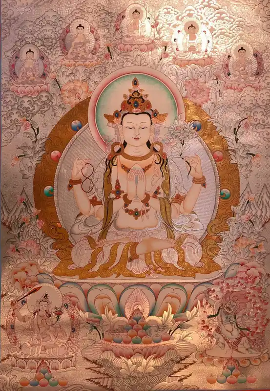 Peinture traditionnelle de Chenrezig avec Vajrapani