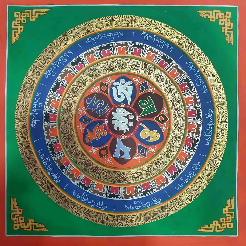 Mandala du mantra Om Mani Padme Hum avec un fond vert.