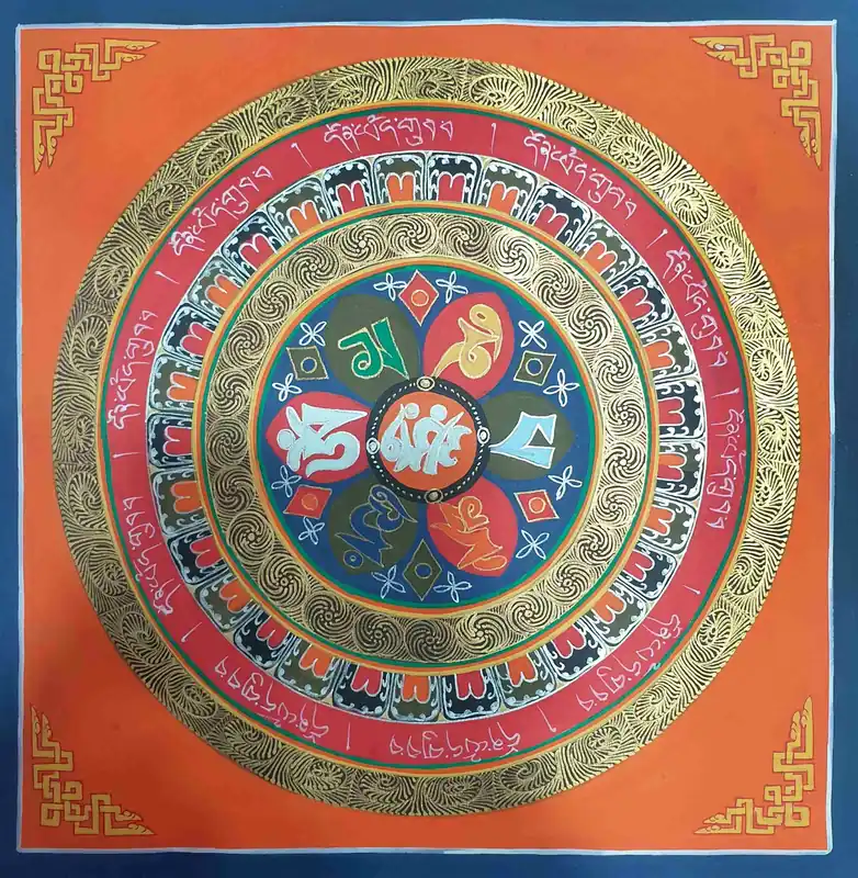 Mandala du mantra Om Mani Padme Hum avec un fond jaune.