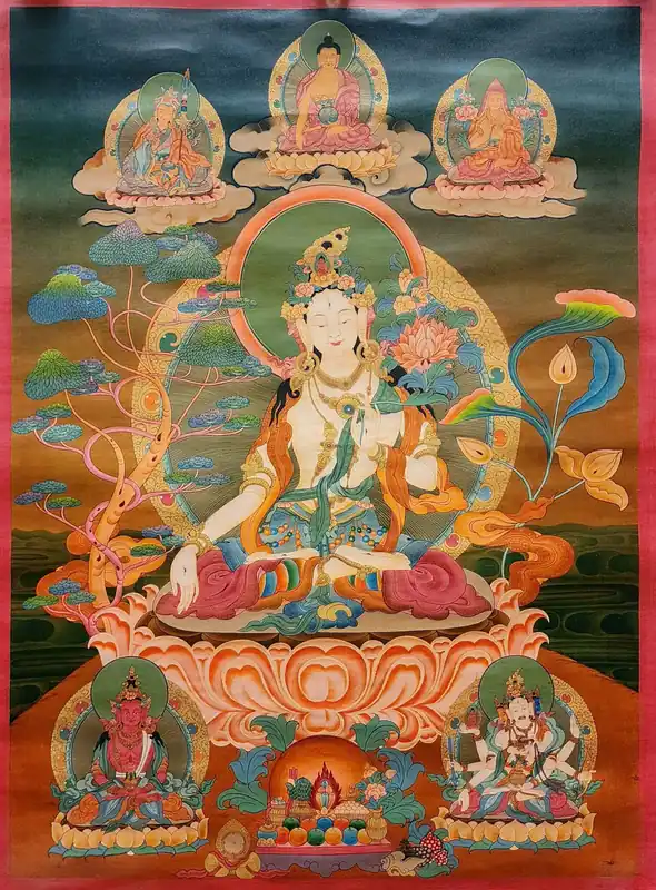 Blanche Tara avec Je Tsongkhapa Thangka Tibétain