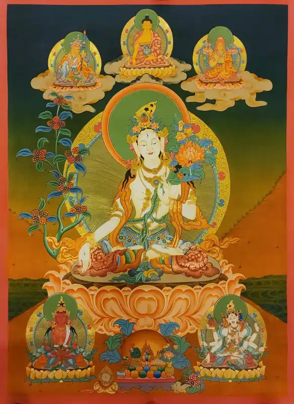 Tangka tibétain de la Tara Blanche avec Aparimita