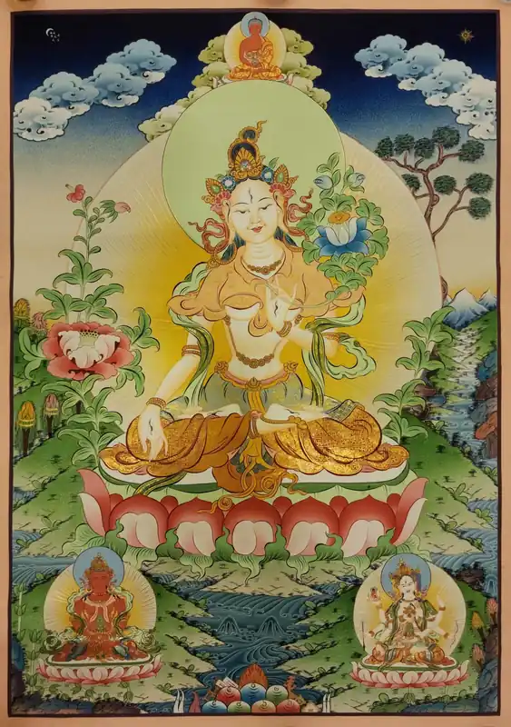 Tangka traditionnel de la Tara Blanche avec le Bouddha Amitabha