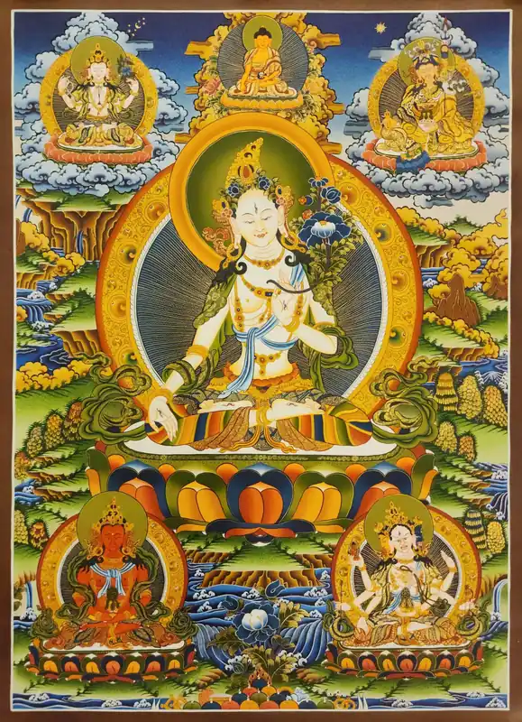 Thangka de la Tara Blanche avec Chenrezig