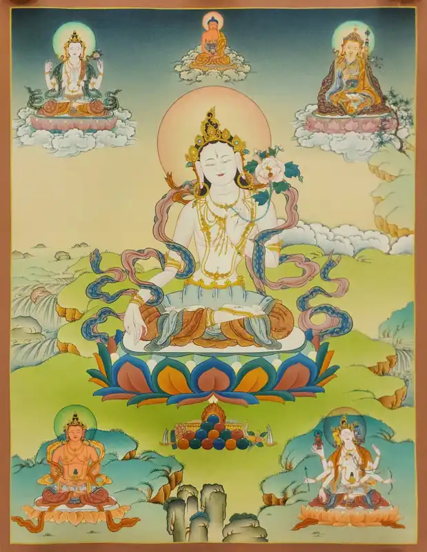 Blanche Tara avec Padmasambhava Thangka Tibétain