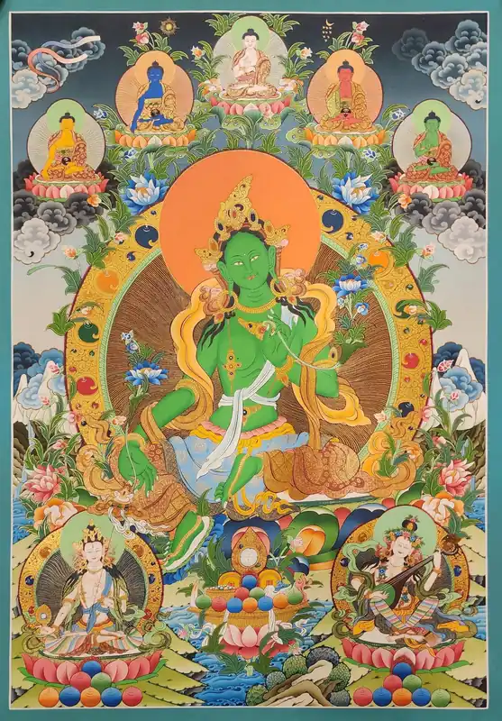 Green Tara with Pancha Buddha Traditional Art