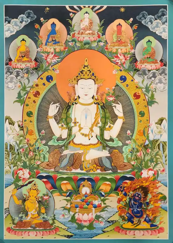 Chenrezig avec les Cinq Bouddhas Thangka Tibétain