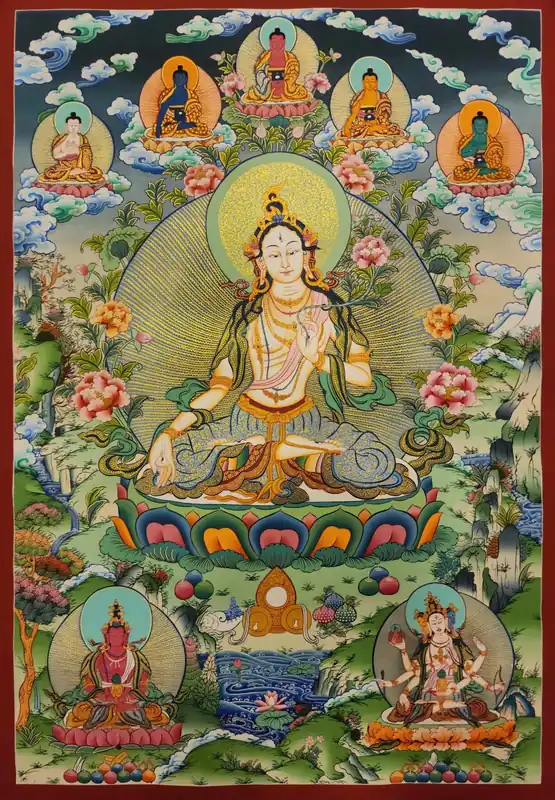 Blanche Tara avec Namgyalma Thangka Traditionnelle
