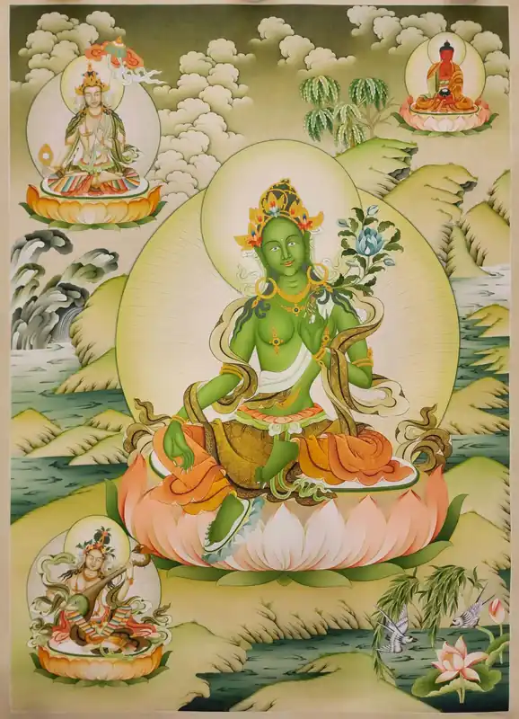 Peinture traditionnelle de Tara verte avec le Bouddha Amitabha