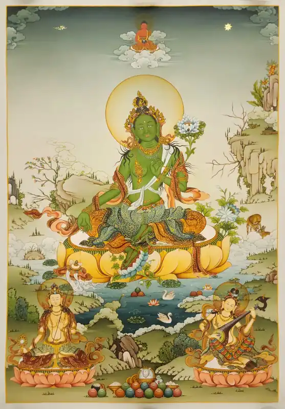 Peinture de Tara Verte avec le Bouddha Amitabha