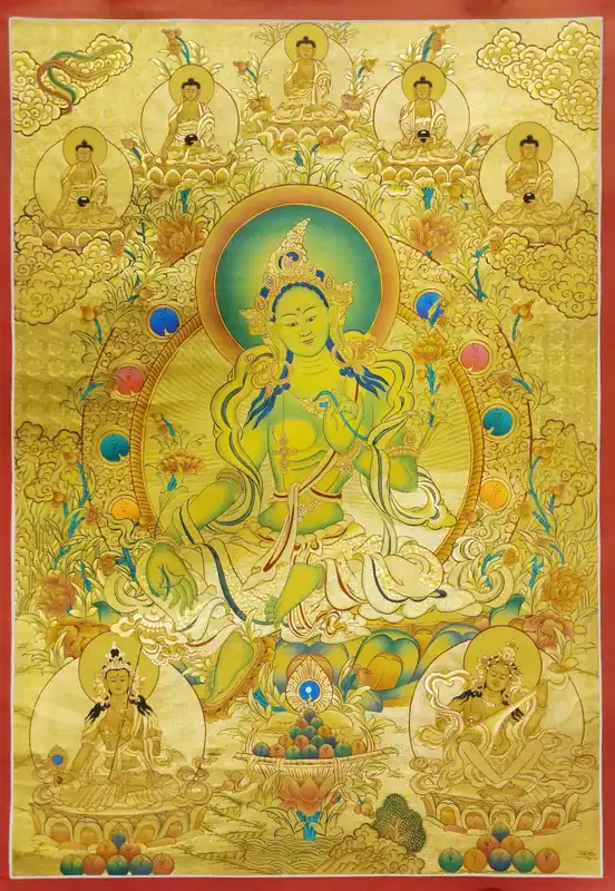 Peinture de Green Tara avec les Cinq Bouddhas