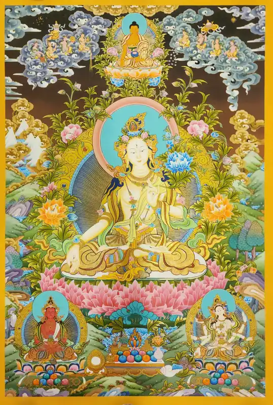 Tangka tibétain de la Tara blanche avec Aparmita