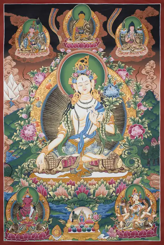 Impression de la Thangka traditionnelle de Tara Blanche