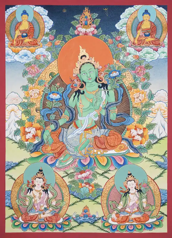 Impression de la Thangka traditionnelle de Tara verte