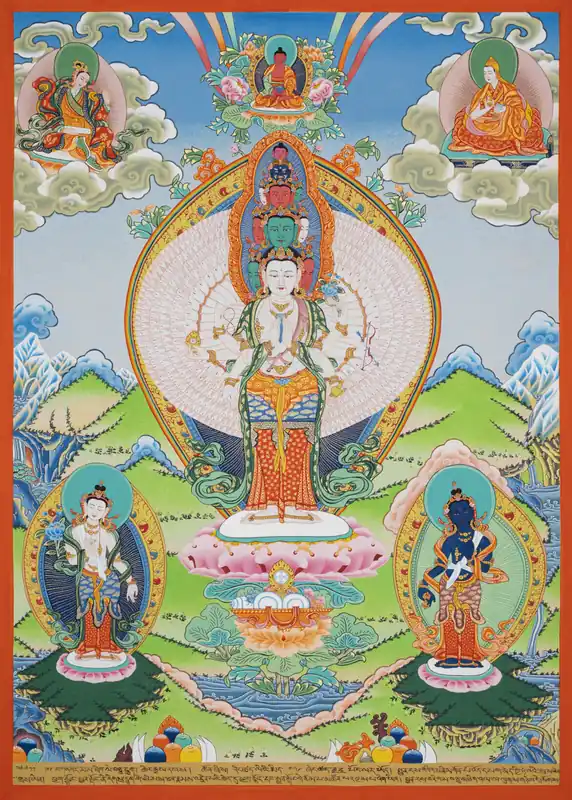 Peinture Thangka tibétaine d’Avalokiteshvara