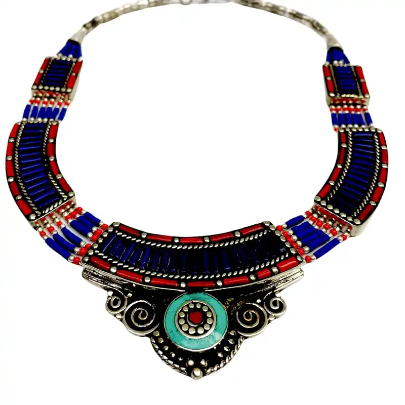 Collier Tribal Népalais en Métal avec Incrustation