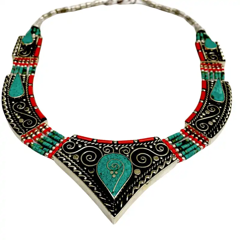 Collier Tribal Népalais en Métal avec Incrustation de Pierre