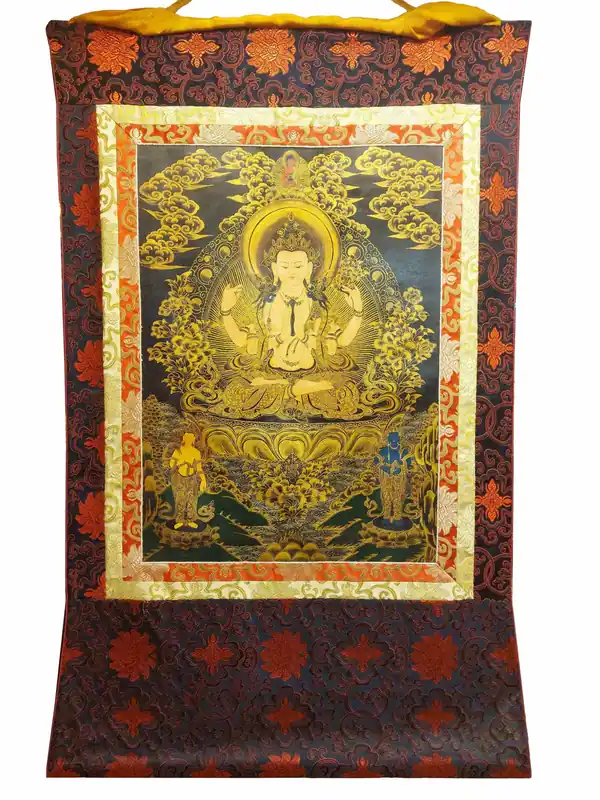 Thangka de Chenrezig en toile de coton, 112 cm