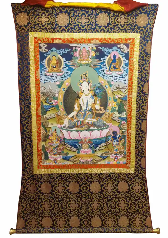 Thangka Peint à la Main de Tara Blanche