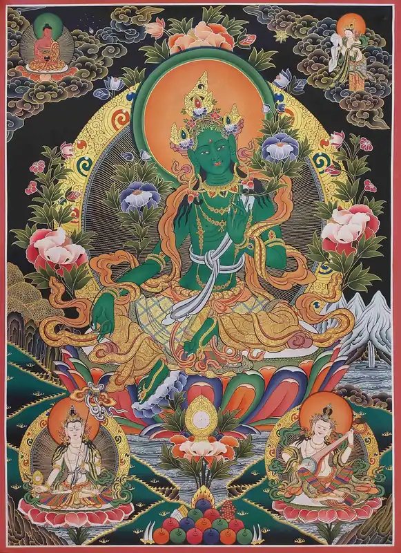 Thangka de Tara Verte en Toile de Coton