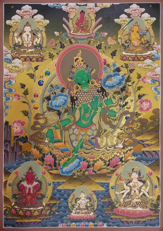 Thangka de Tara Verte sur Toile de Coton