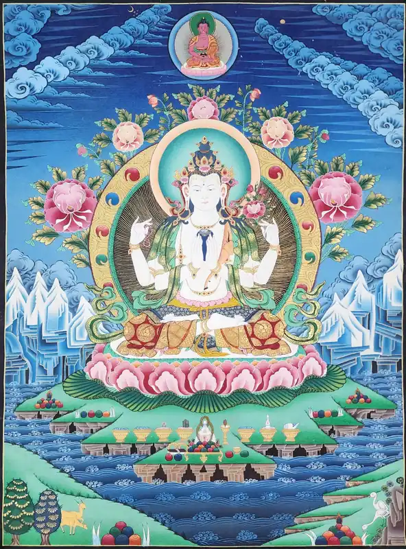 Thangka Peinte à La Main Chenrezig en Toile