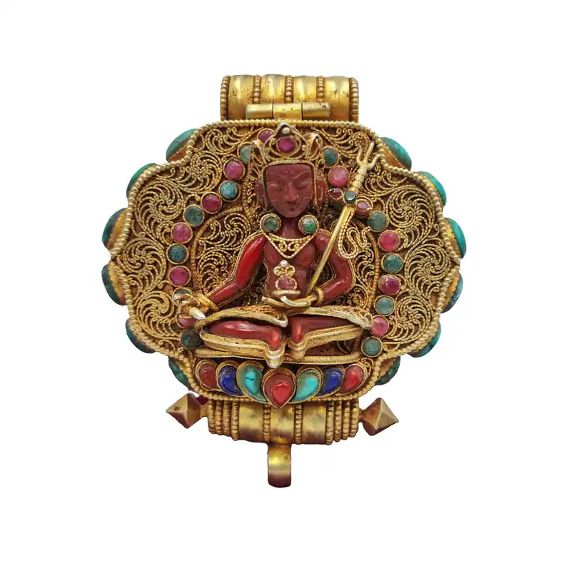 Boîte Ghau en cuivre, Padmasambhava plaqué or