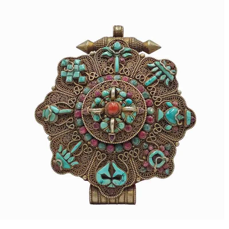 Boîte Ghau Tibétaine en Cuivre avec Ashtamangala