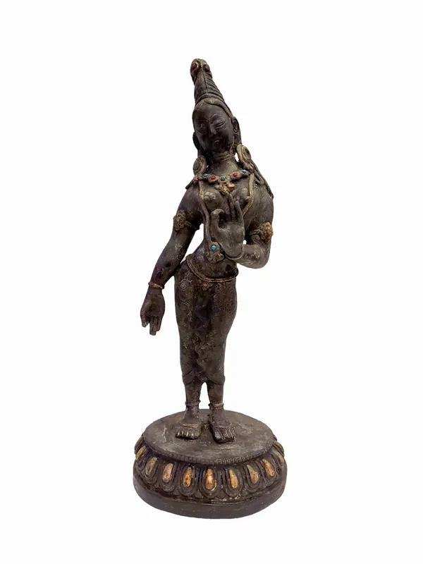 Statue de Tara debout en cuivre avec dorure