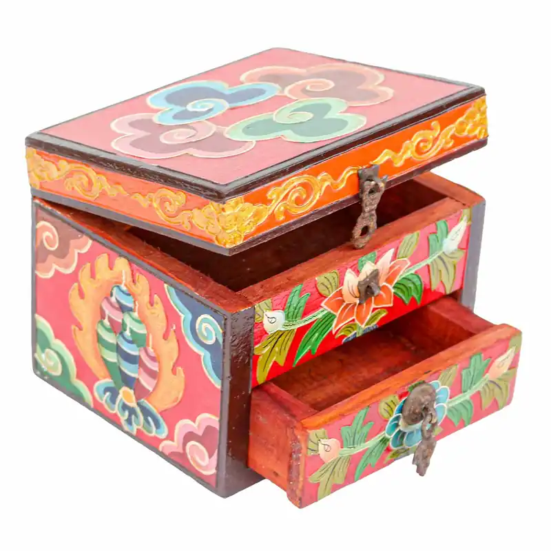 Boîte de rangement rituelle tibétaine en bois