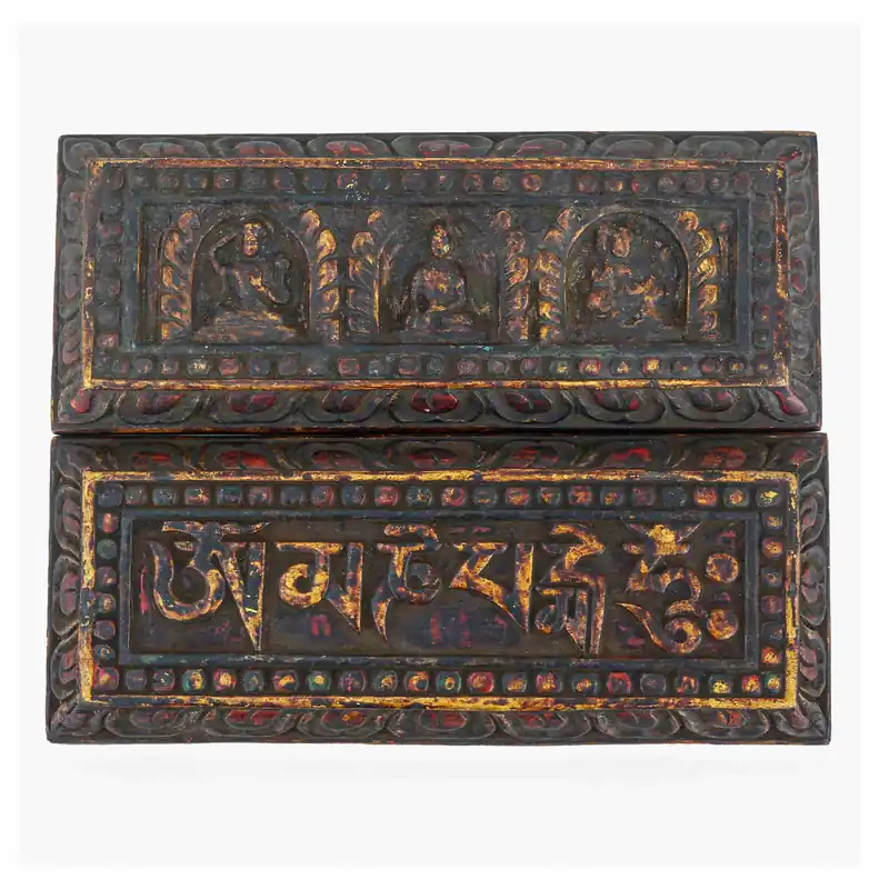 Ancien Couverture de Manuscrit en Bois Tibétain