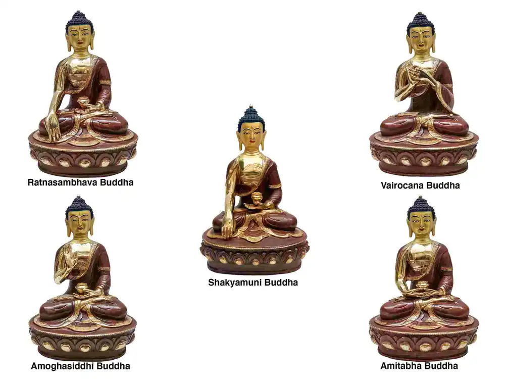 Statue des Pancha Bouddhas : Amoghasiddhi et autres en cuivre