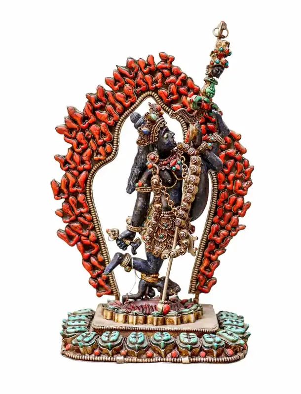 Statue de Vajrayogini – Métal blanc façonné à la main avec incrustations de lapis-lazuli