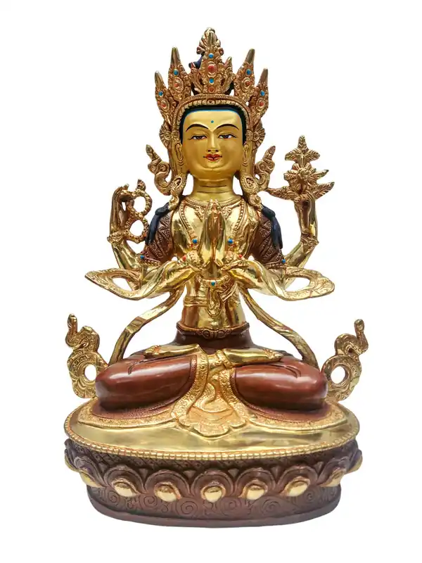 Statue en cuivre de Chenrezig avec plaquage en or
