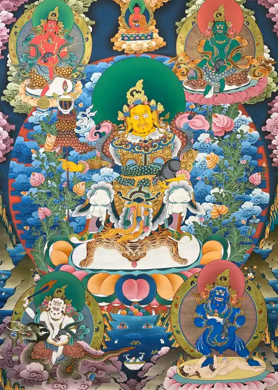 Thangka jaune de Jambhala sur toile de coton